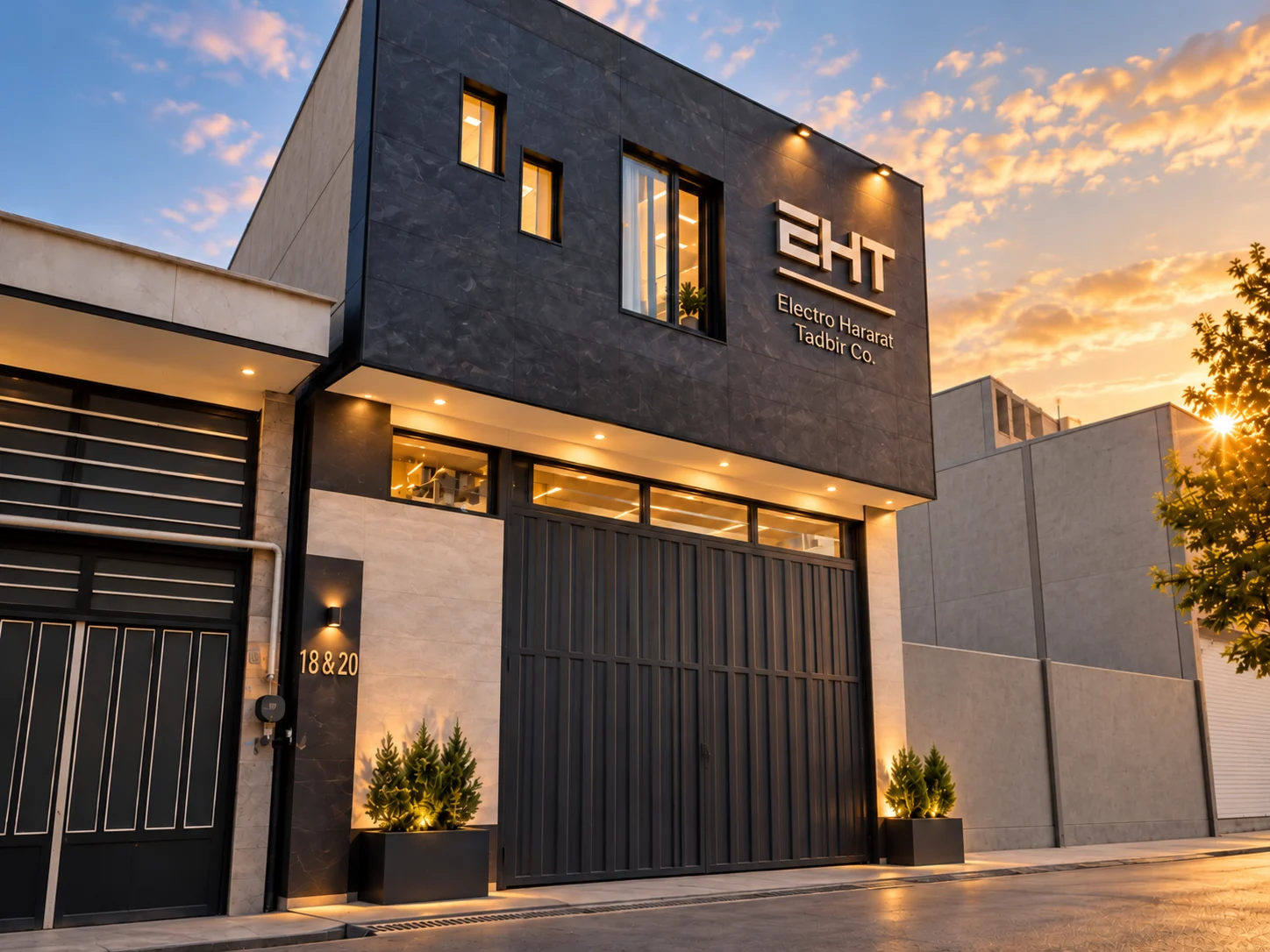 EHT workshop facade with grey plaster side wall, signage and numbers 18 & 20